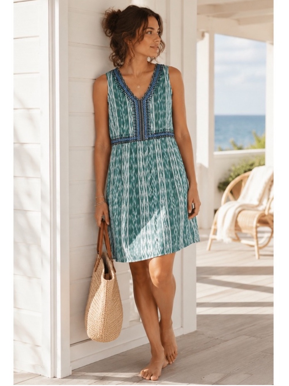 J. Jill Embroidered Green White Sleeveless Shift Dress Small